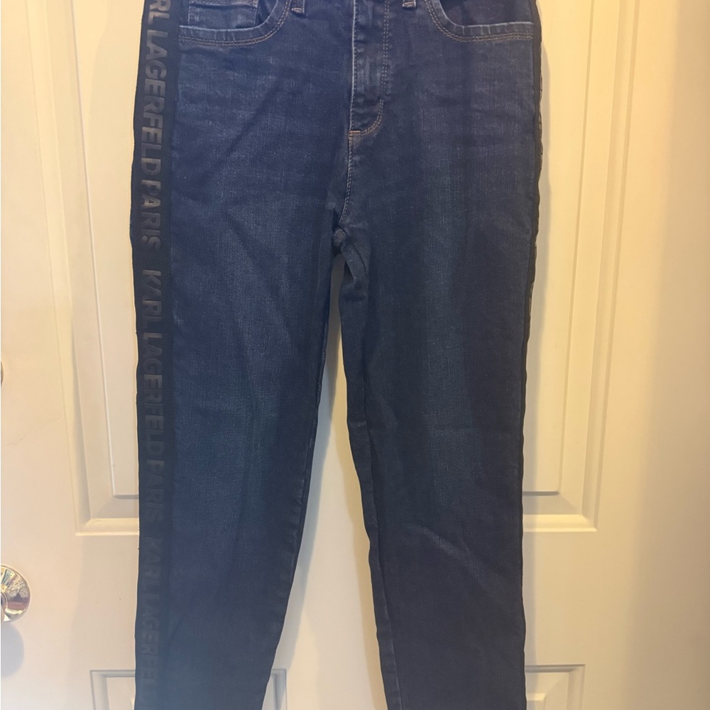 Karl Lagerfeld Navy Straight-Leg Jeans with Logo Side Tape - Size 2